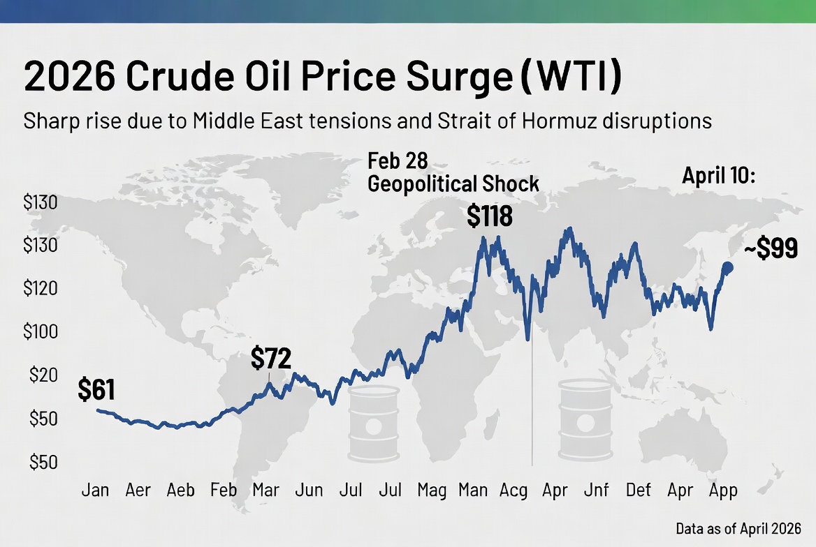 2026 Crude Oil Price Surge (WTI) — sharp rise from $61 to $118 after Feb 28 geopolitical shock, settling around $99 by April 2026