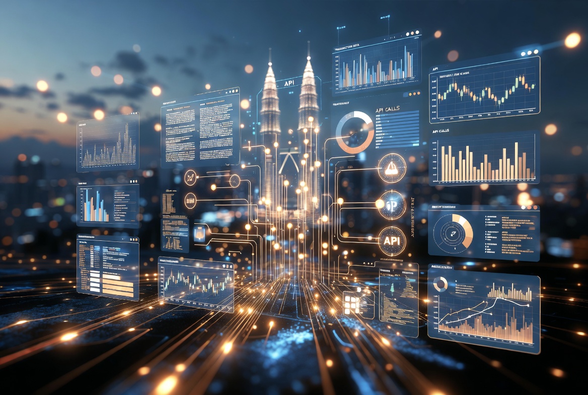 Open banking Malaysia — data flowing between financial institutions in a connected city skyline