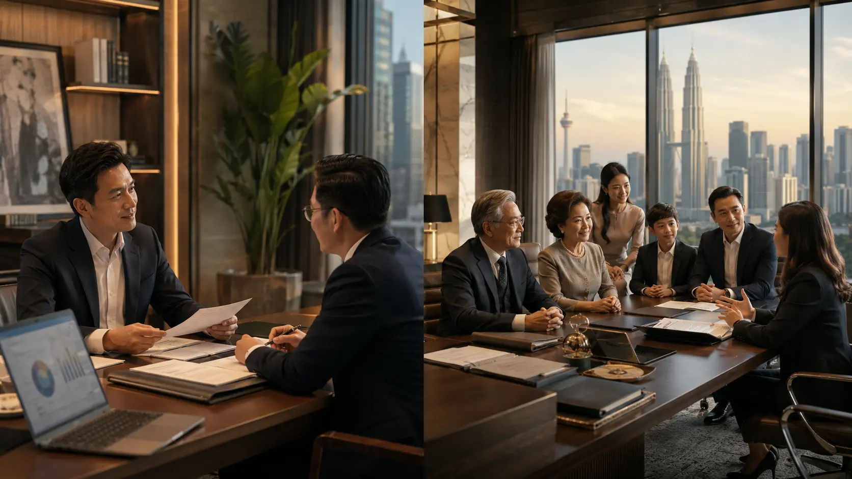 Malaysian family office wealth planning meeting with business owner, adviser and multi-generational family