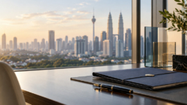 Folder and pen beside a window overlooking a city skyline, illustrating careful family trust planning