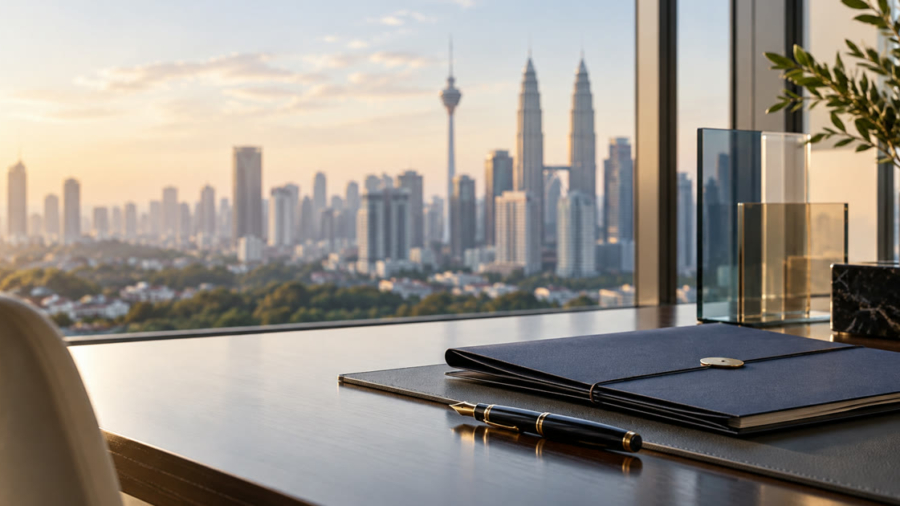 Folder and pen beside a window overlooking a city skyline, illustrating careful family trust planning